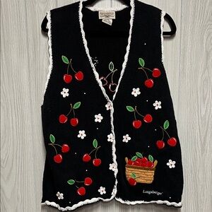 Longaberger Black Sweater Vest with Cherry and Floral Design cottagecore Sz 1X